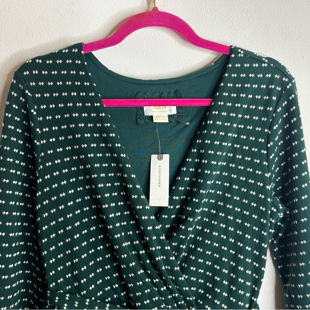 Maeve Anthropolagie M NWT Green Pattern Long Sleeve Dress Vneck Party Event - Picture 3 of 13